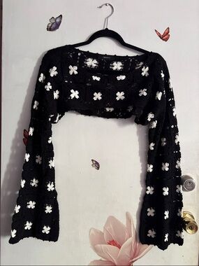 Forever 21 Black Crochet Crop Top with White Floral Accents